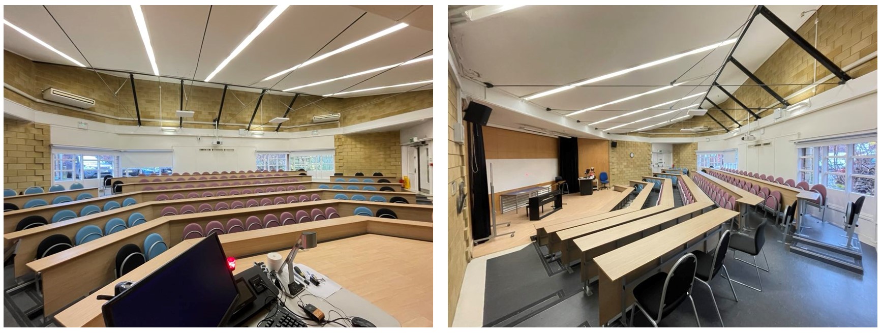 Rows of tiered seats facing the teaching wall